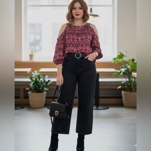 New Ralph Lauren Womens Top Cold Shoulder Berry Ikat Blouse Cotton Modal 3X